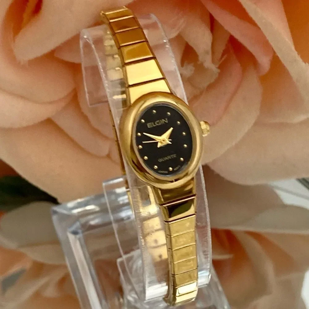 Vintage Elgin Gold-Tone Black Dial Dainty Dress Watch
